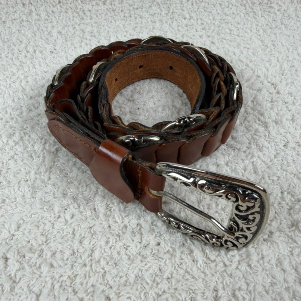 Vintage Donna Katz Brown Leather Linked Concho Belt Western Silver Buckle Small